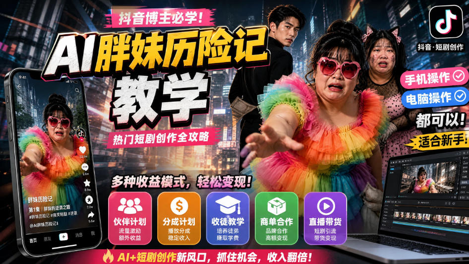 抖音博主的AI胖妹历险记教学，伙伴计划+分成计划+收徒+商单等多种收益，适合新手，手机电脑都可以操作-佰因轻创网