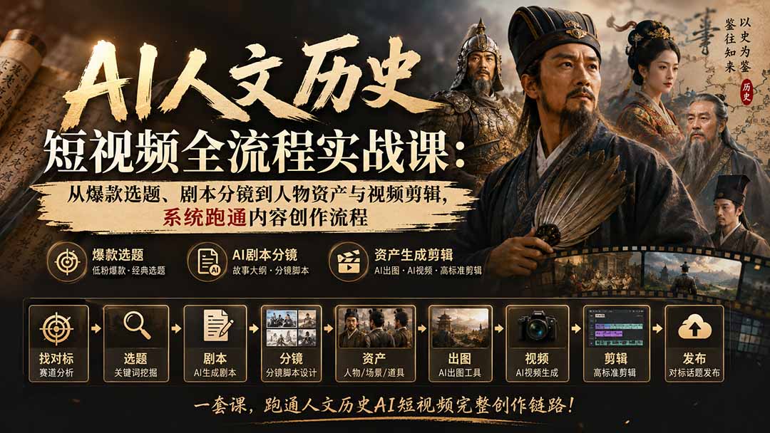 AI人文历史短视频全流程实战课-更新：从爆款选题、剧本分镜到人物资产与视频剪辑，系统跑通内容创作流程-佰因轻创网