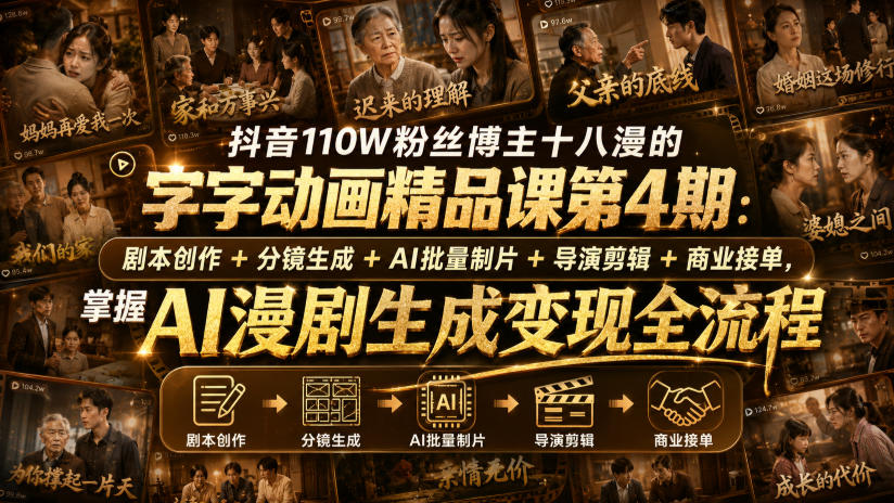 抖音110W粉丝博主十八漫的字字动画精品课第4期：剧本创作+分镜生成+剪辑+商业接单，掌握AI漫剧生成变现全流程(更新0916)-佰因轻创网