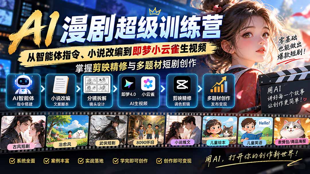 AI漫剧超级特训营：从智能体指令、小说改编到即梦小云雀生视频，掌握剪映精修与多题材短剧创作-佰因轻创网