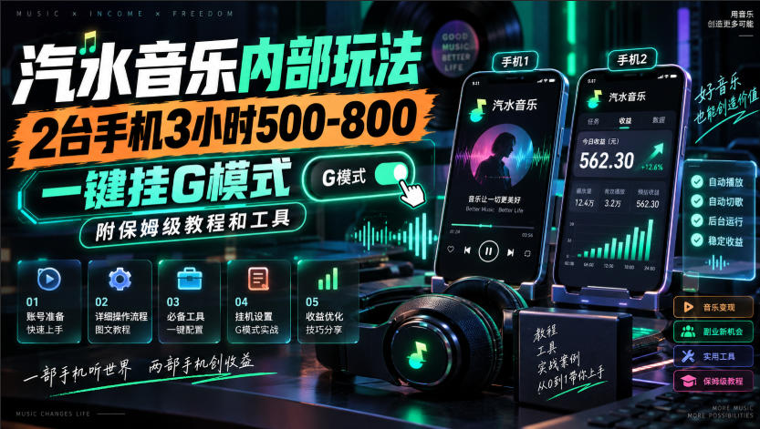 汽水音乐内部玩法，2台手机3小时500-800，一键挂G模式，附保姆级教程和工具【揭秘】-佰因轻创网