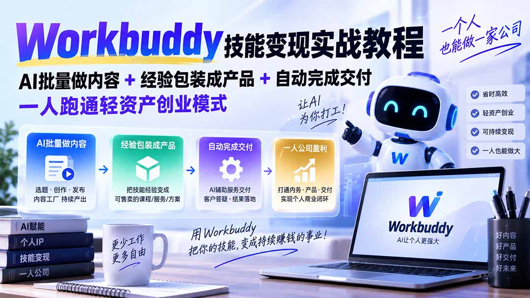 Workbuddy技能变现实战教程：AI批量做内容+经验包装成产品+自动完成交付，一人跑通轻资产创业模式-佰因轻创网