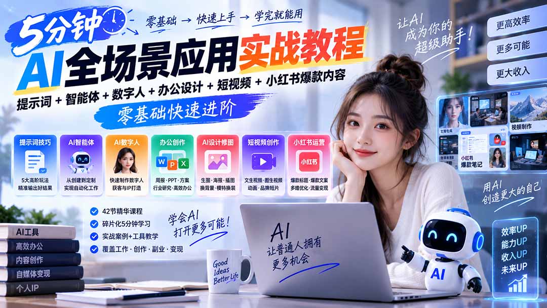 AI全场景应用实战教程｜提示词+智能体+数字人+办公设计+短视频+小红书爆款内容，零基础快速进阶-佰因轻创网