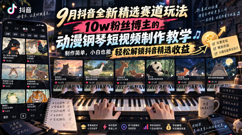 9月抖音全新精选赛道玩法,10w粉丝博主的动漫钢琴短视频制作教学,制作简单,小白也能轻松解锁抖音精选收益-佰因轻创网