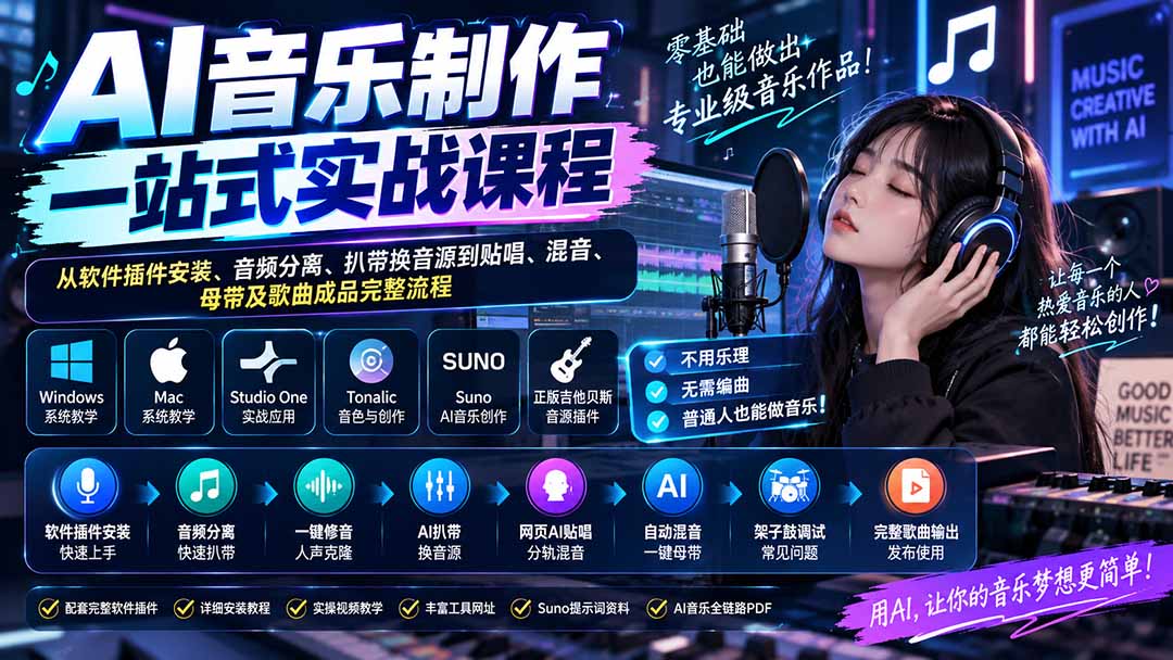 AI音乐制作一站式实战课程：从软件插件安装、音频分离、扒带换音源到贴唱、混音、母带及歌曲成品完整流程-佰因轻创网
