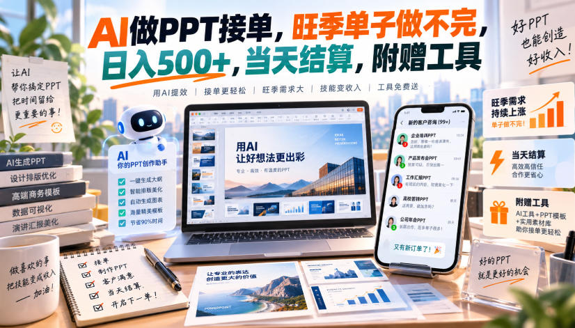 AI做PPT接单，旺季单子做不完，日入500+，当天结算，附赠工具【揭秘】-佰因轻创网