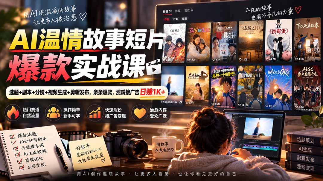 AI温情故事短片爆款实战课-更新｜选题+剧本+分镜+视频生成+剪辑发布，条条爆款，涨粉接广告日赚1K+-佰因轻创网