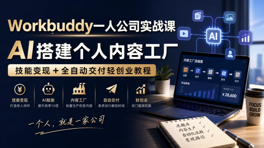 Workbuddy一人公司实战课，AI搭建个人内容工厂，技能变现+全自动交付轻创业教程​-佰因轻创网