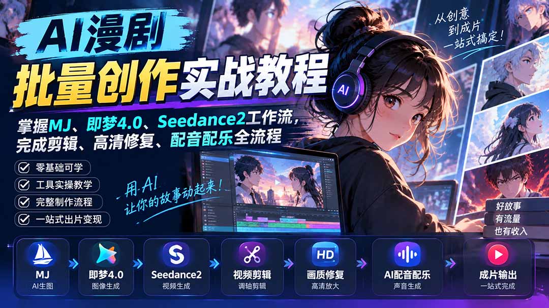 AI漫剧批量创作实战教程：掌握MJ、即梦4.0、Seedance2工作流，完成剪辑、高清修复、配音配乐全流程-佰因轻创网