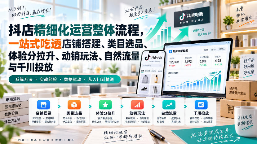 李哥电商-抖店精细化运营整体流程，一站式吃透店铺搭建、类目选品、体验分拉升、动销玩法、自然流量与千川投放-佰因轻创网