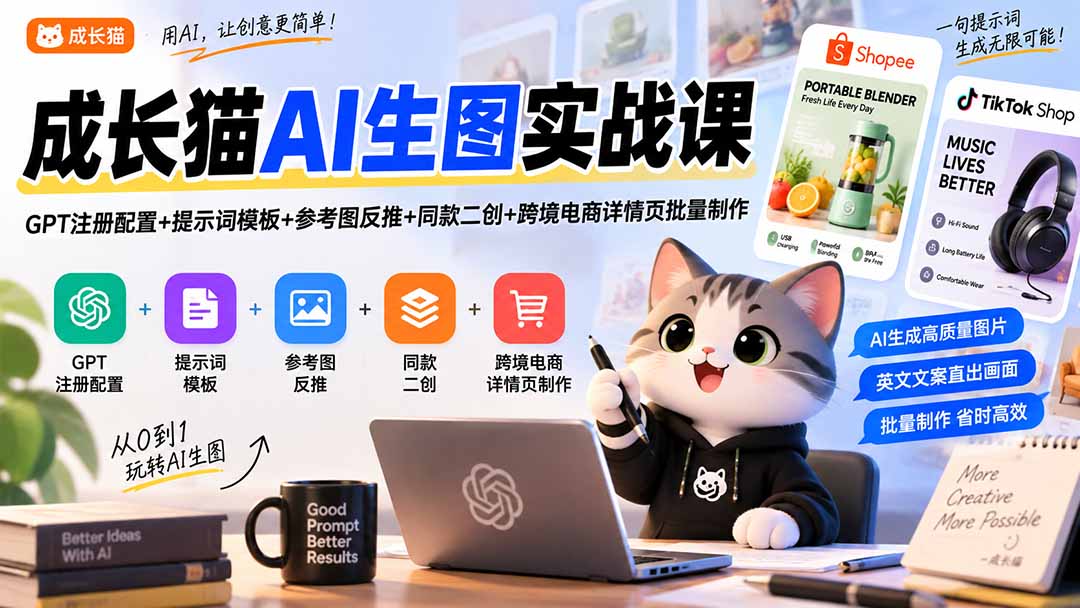 成长猫AI生图实战课｜GPT注册配置+提示词模板+参考图反推+同款二创+跨境电商详情页批量制作-佰因轻创网