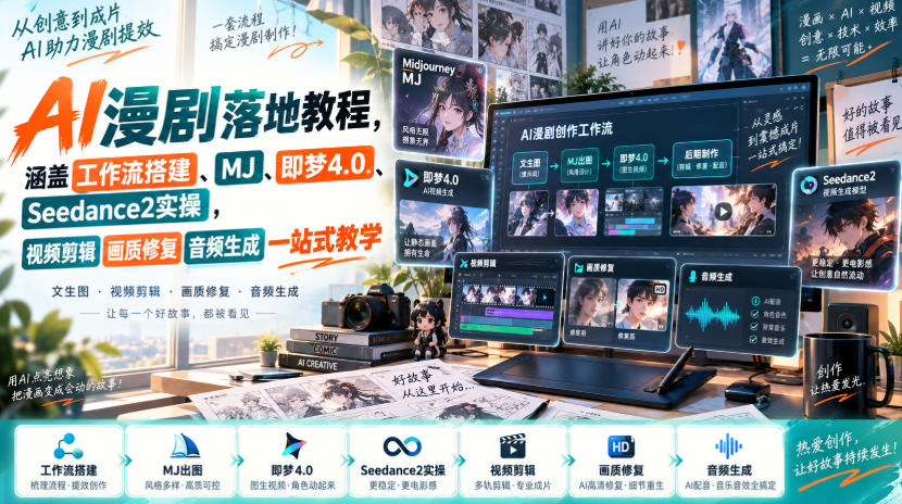 AI漫剧落地教程，涵盖工作流搭建、MJ、即梦4.0、Seedance2实操，视频剪辑画质修复音频生成一站式教学-佰因轻创网