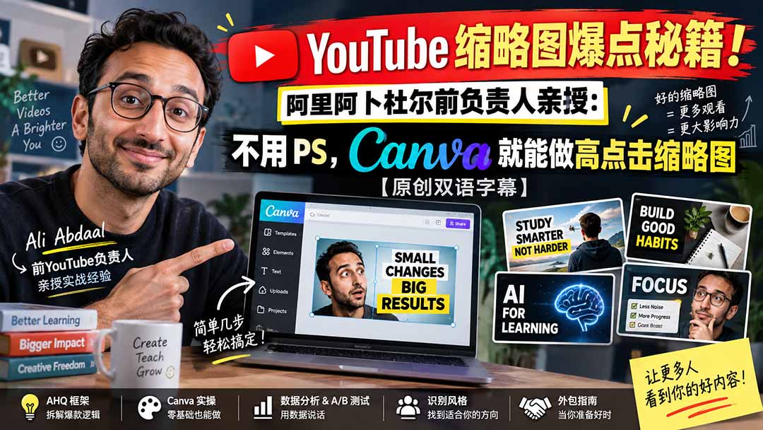 YouTube 缩略图爆点秘籍!阿里阿卜杜尔前负责人亲授:不用 PS,Canva 就能做高点击缩略图【原创双语字幕】-佰因轻创网