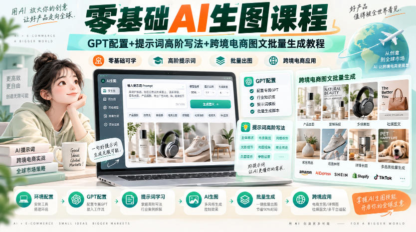 零基础AI生图课程，GPT配置+提示词高阶写法+跨境电商图文批量生成教程-佰因轻创网