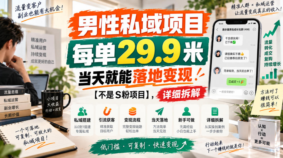 男性私域项目，每单29.9米，当天就能落地变现【不是S粉项目】，详细拆解-佰因轻创网