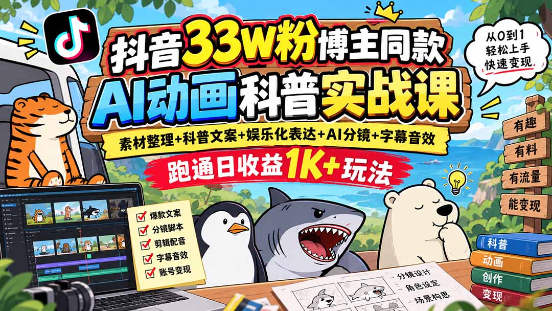抖音33W粉博主同款AI动画科普实战课｜素材整理+科普文案+娱乐化表达+AI分镜+字幕音效，跑通日收益1K+玩法-佰因轻创网
