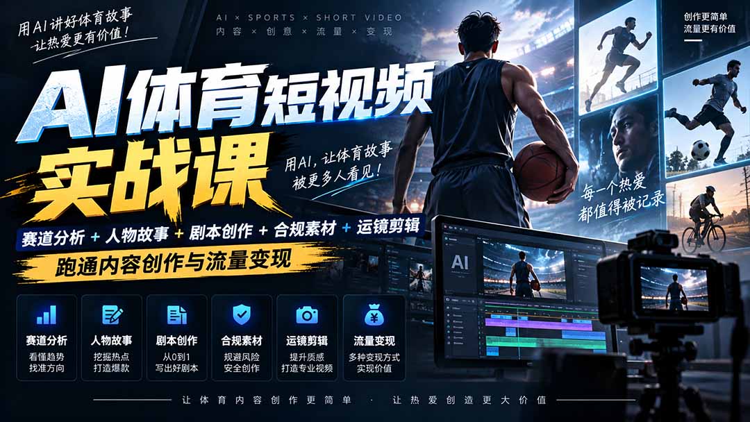 AI体育短视频赛道顶级玩法｜赛道分析+人物故事+剧本创作+版权处理+运镜剪辑，跑通流量变现-日赚1K+-佰因轻创网