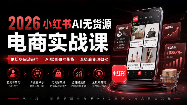 2026小红书AI无货源电商实战课｜低粉零启动起号｜AI批量做号带货全链路变现教程-佰因轻创网