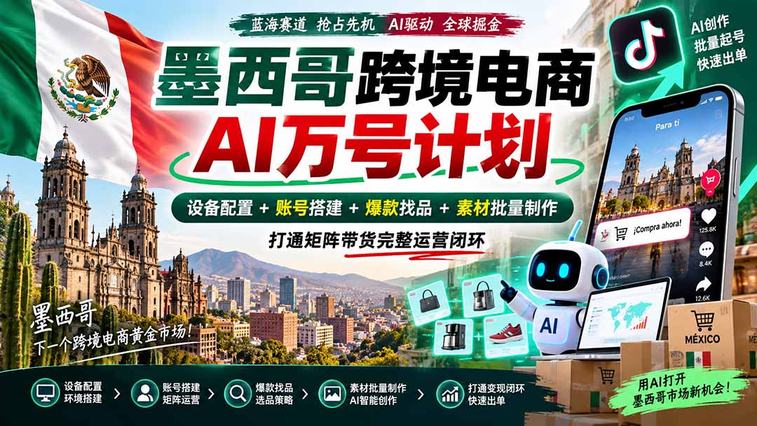 墨西哥AI跨境电商万号计划｜设备配置+账号搭建+爆款找品+素材批量制作，打通矩阵带货完整运营闭环-佰因轻创网
