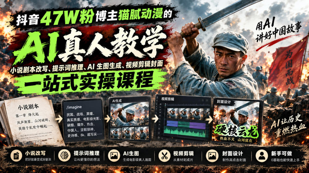 抖音47W粉博主猫腻动漫的AI真人漫剧教学，小说剧本改写、提示词推理、AI生图生成、视频剪辑封面一站式实操课程-佰因轻创网