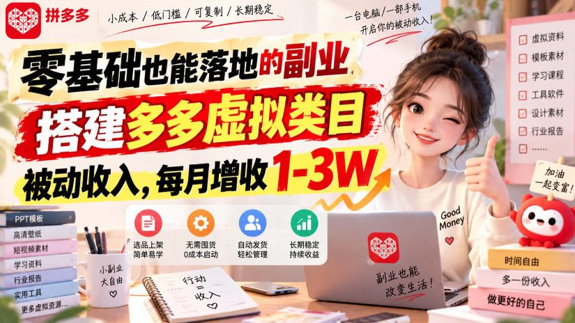 零基础也能落地的副业,搭建多多虚拟类目被动收入,每月增收1-3W【揭秘】-佰因轻创网