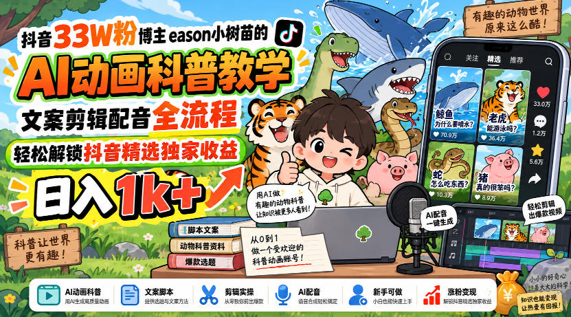 抖音33W粉博主eason小树苗的AI动画科普教学，文案剪辑配音全流程，轻松解锁抖音精选独家收益，日入1k+-佰因轻创网