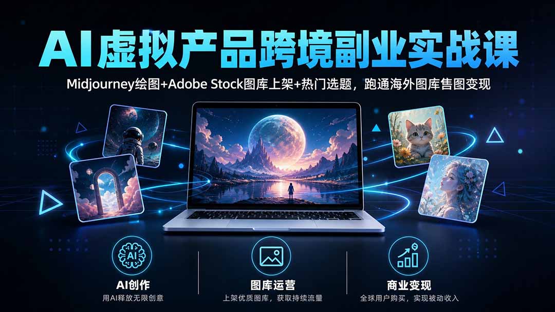 AI虚拟产品跨境副业实战课｜Midjourney绘图+Adobe Stock图库上架+热门选题，跑通海外图库售图变现-佰因轻创网