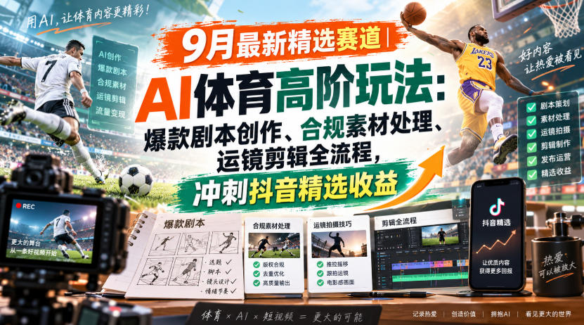 某大佬的9月最新精选赛道之AI体育顶级玩法,爆款剧本创作、版权规避、运镜剪辑全流程,稳拿抖音精选收益-佰因轻创网