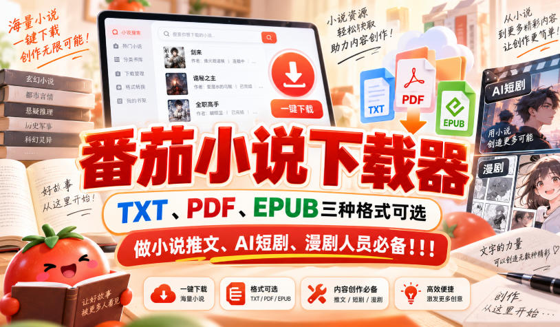 番茄小说下载器，TXT、PDF、EPUB三种格式可选，做小说推文、AI短剧、漫剧人员必备！！！-佰因轻创网