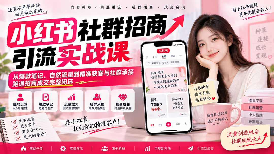 小红书社群招商引流实战课-无水印：从爆款笔记、自然流量到精准获客与社群承接，跑通招商成交完整闭环-佰因轻创网