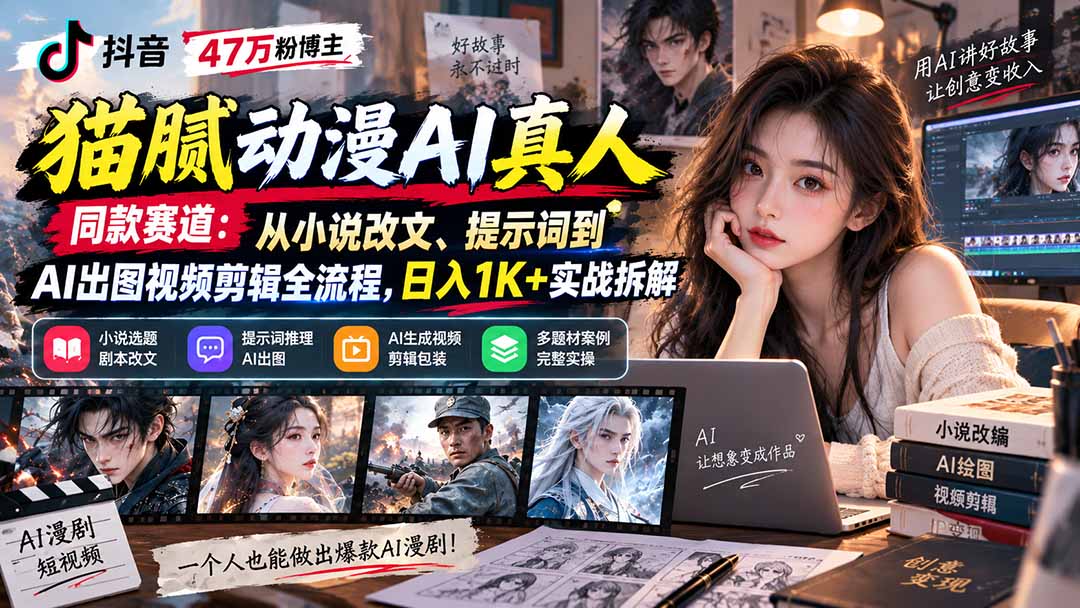 抖音47万粉博主猫腻动漫AI真人同款赛道：从小说改文、提示词到AI出图视频剪辑全流程，日入1K+实战拆解-佰因轻创网
