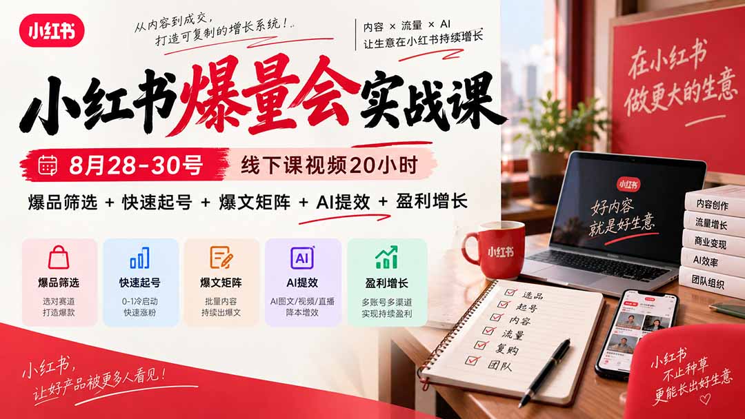 小红书爆量会实战课-更新9月17：线下课视频20小时，爆品筛选+快速起号+爆文矩阵+AI提效+盈利增长-佰因轻创网