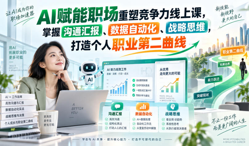 AI赋能职场重塑竞争力线上课，掌握沟通汇报、数据自动化、战略思维，打造个人职业第二曲线-佰因轻创网
