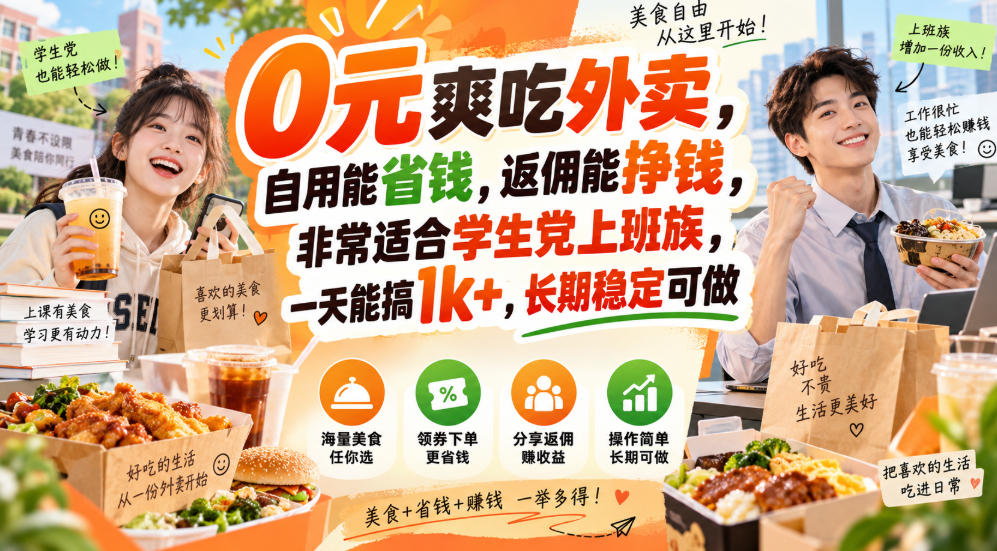 0元爽吃外卖,自用能省钱,返佣能挣钱,非常适合学生党上班族,一天能搞1k+,长期稳定可做-佰因轻创网