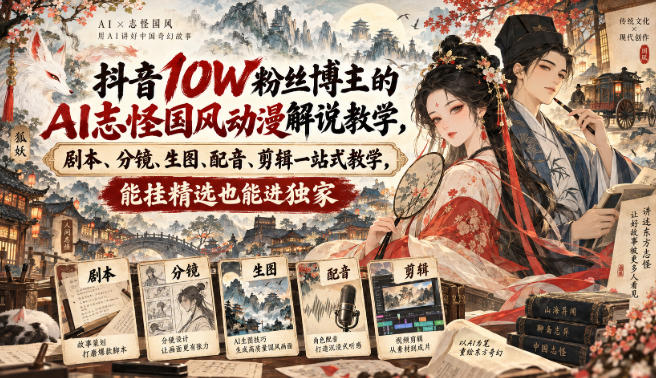 抖音10W粉丝博主满堂诡事的AI志怪国风动漫解说教学，剧本、分镜、生图、配音、剪辑一站式教学，能挂精选也能进独家​-佰因轻创网