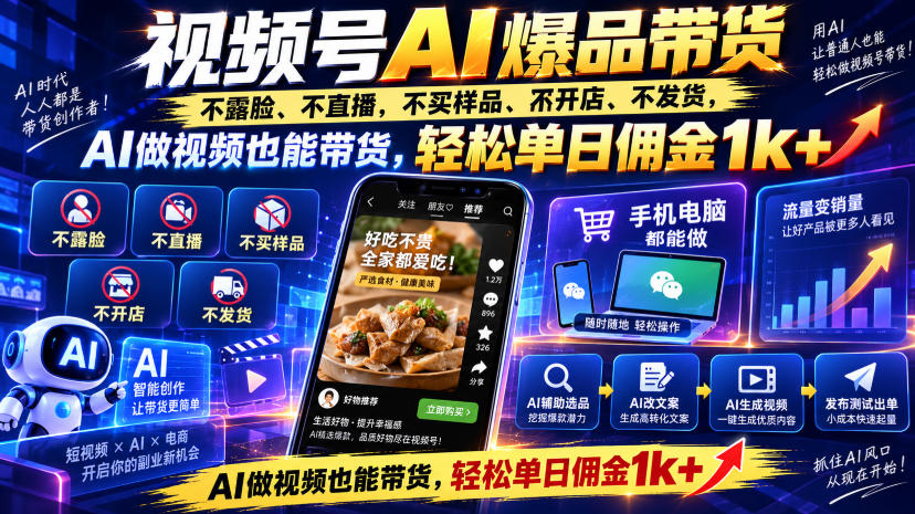 视频号Ai爆品带货，不露脸、不直播、不买样品、不开店、不发货，AI做视频也能带货，轻松单日佣金1k+-佰因轻创网