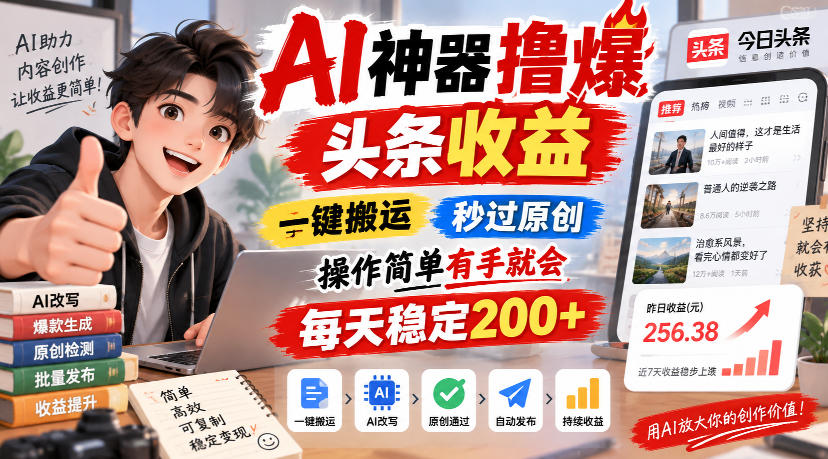 AI神器撸爆头条收益，一键搬运，秒过原创，操作简单有手就会，每天稳定200+【揭秘】-佰因轻创网