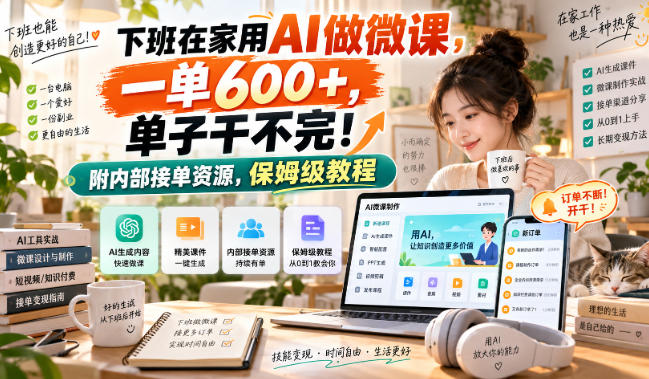 下班在家用AI做微课，一单600+，单子干不完！附内部接单资源，保姆级教程【揭秘】-佰因轻创网