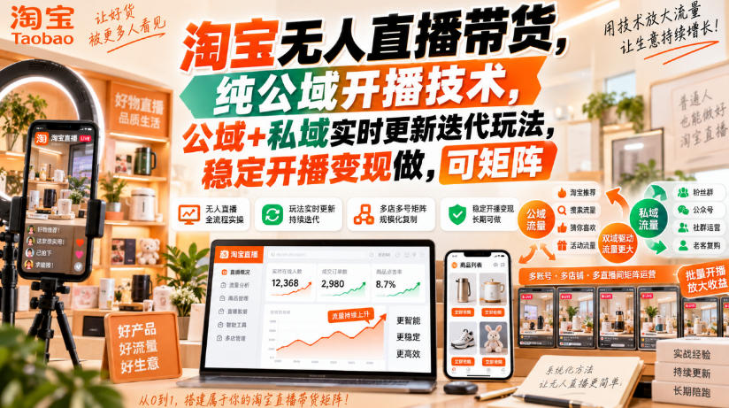 淘宝无人直播带货，纯公域开播技术，公域+私域实时更新迭代玩法，稳定开播变现做，可矩阵【揭秘】-佰因轻创网