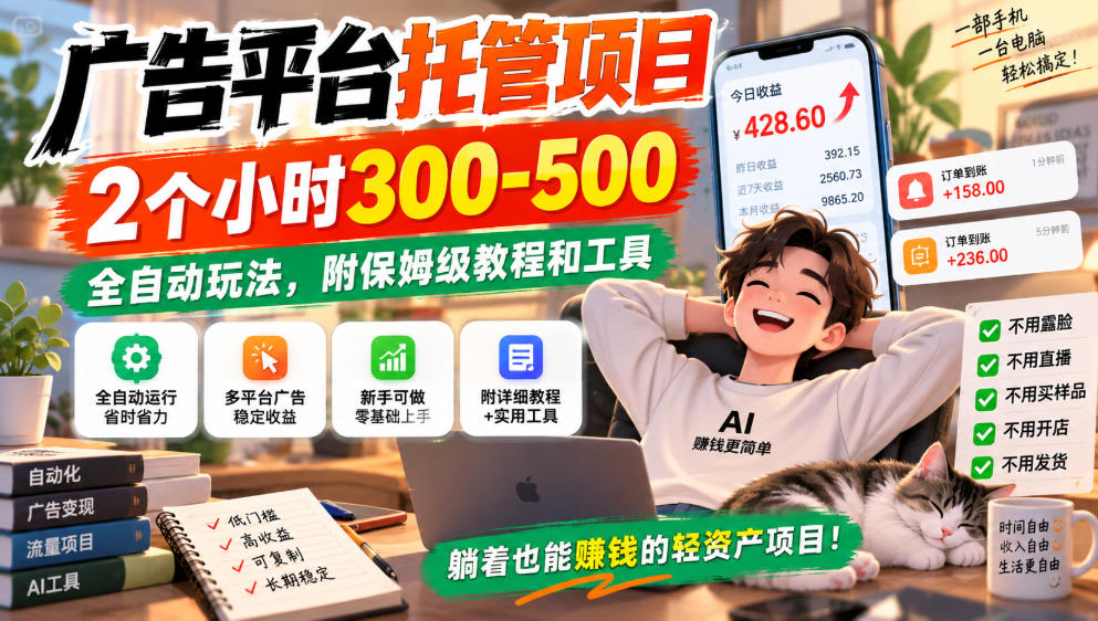 广告平台托管项目，2个小时300-500，全自动玩法，附保姆级教程和工具，小白照着就能做【揭秘】-佰因轻创网