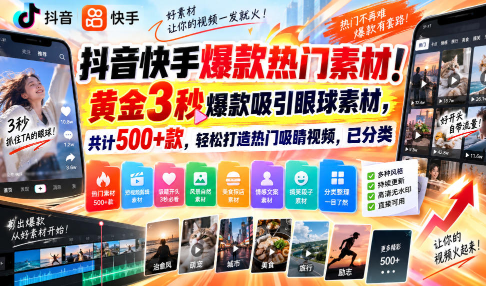 抖音快手爆款热门素材!黄金3秒爆款吸引眼球素材,共计500+款,轻松打造热门吸睛视频,已分类-佰因轻创网