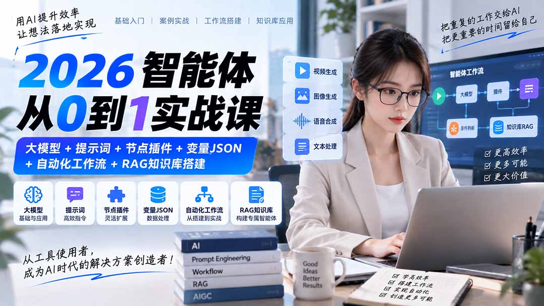 2026智能体从0到1实战课｜大模型+提示词+节点插件+变量JSON+自动化工作流+RAG知识库搭建-佰因轻创网