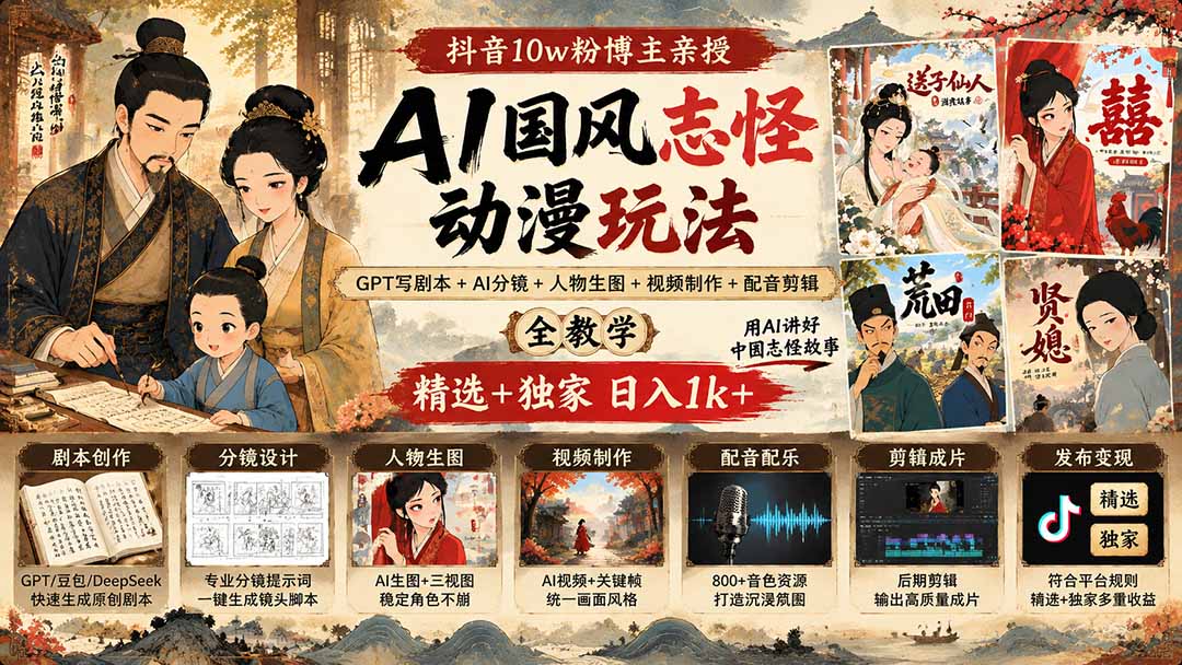 抖音10w粉博主亲授AI国风志怪动漫玩法｜GPT写剧本+AI分镜+人物生图+视频制作+配音剪辑全教学｜精选+独家日入1k+-佰因轻创网