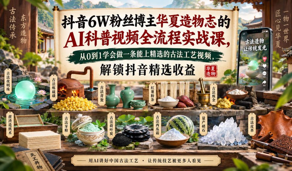 抖音6W粉丝博主华夏造物志的AI科普视频全流程实战课，从0到1学会做一条能上精选的古法工艺视频，解锁抖音精选收益-佰因轻创网