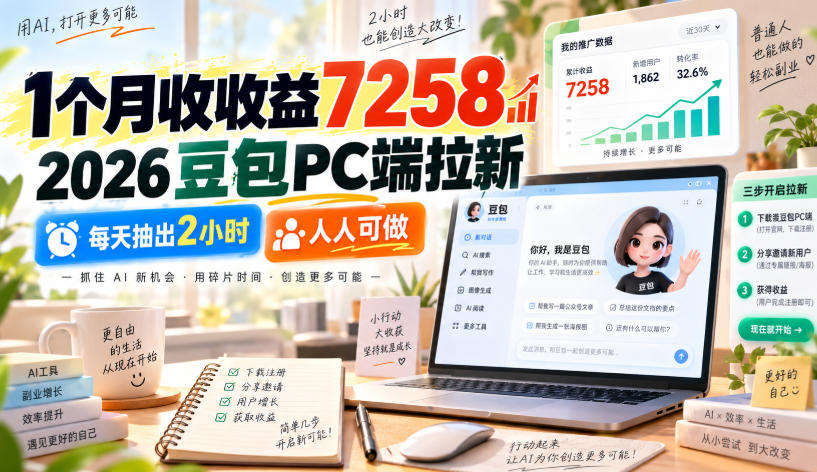 1个月收收益7258,2026豆包PC端拉新,每天抽出2小时,人人可做-佰因轻创网
