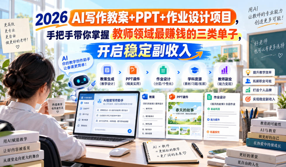 2026 AI写作教案+PPT+作业设计项目，手把手带你掌握教师领域最賺钱的三类单子，开启稳定副收入-佰因轻创网