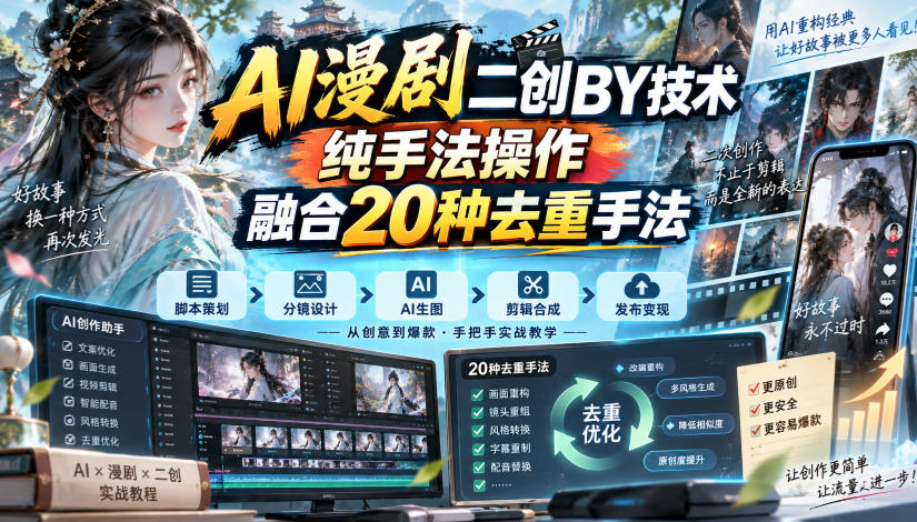 AI漫剧二创搬运技术，纯手法操作，融合20种去重手法-佰因轻创网