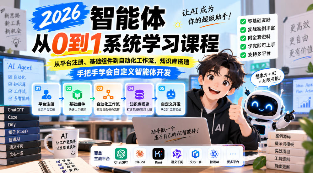 2026智能体从0到1系统学习课程，从平台注册、基础组件到自动化工作流、知识库搭建，手把手学会自定义智能体开发-佰因轻创网