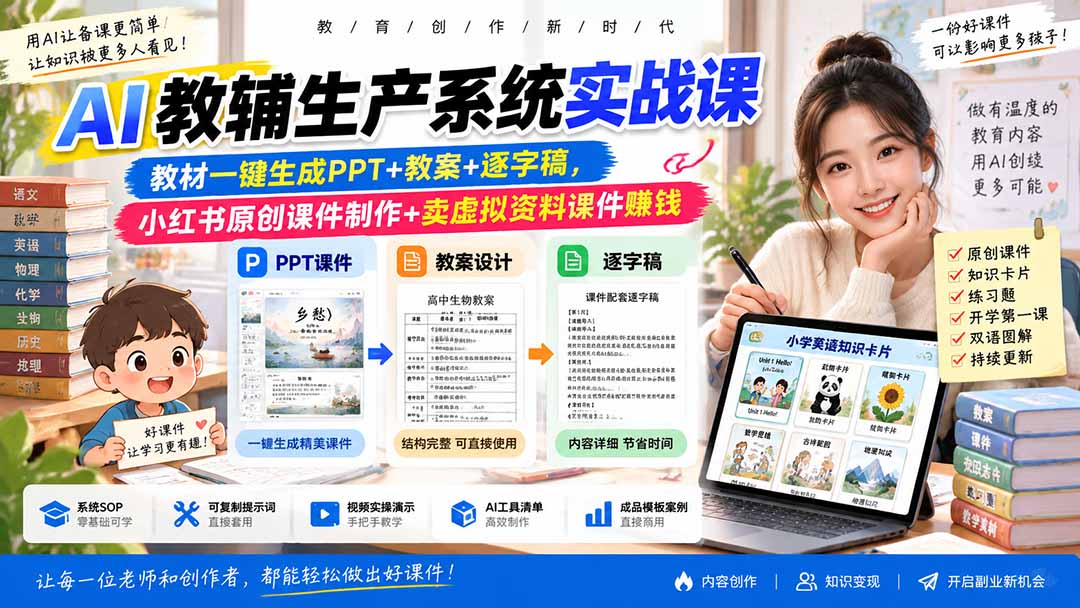 AI教辅生产系统实战课｜教材一键生成PPT+教案+逐字稿，小红书原创课件制作+卖虚拟资料课件赚钱-佰因轻创网