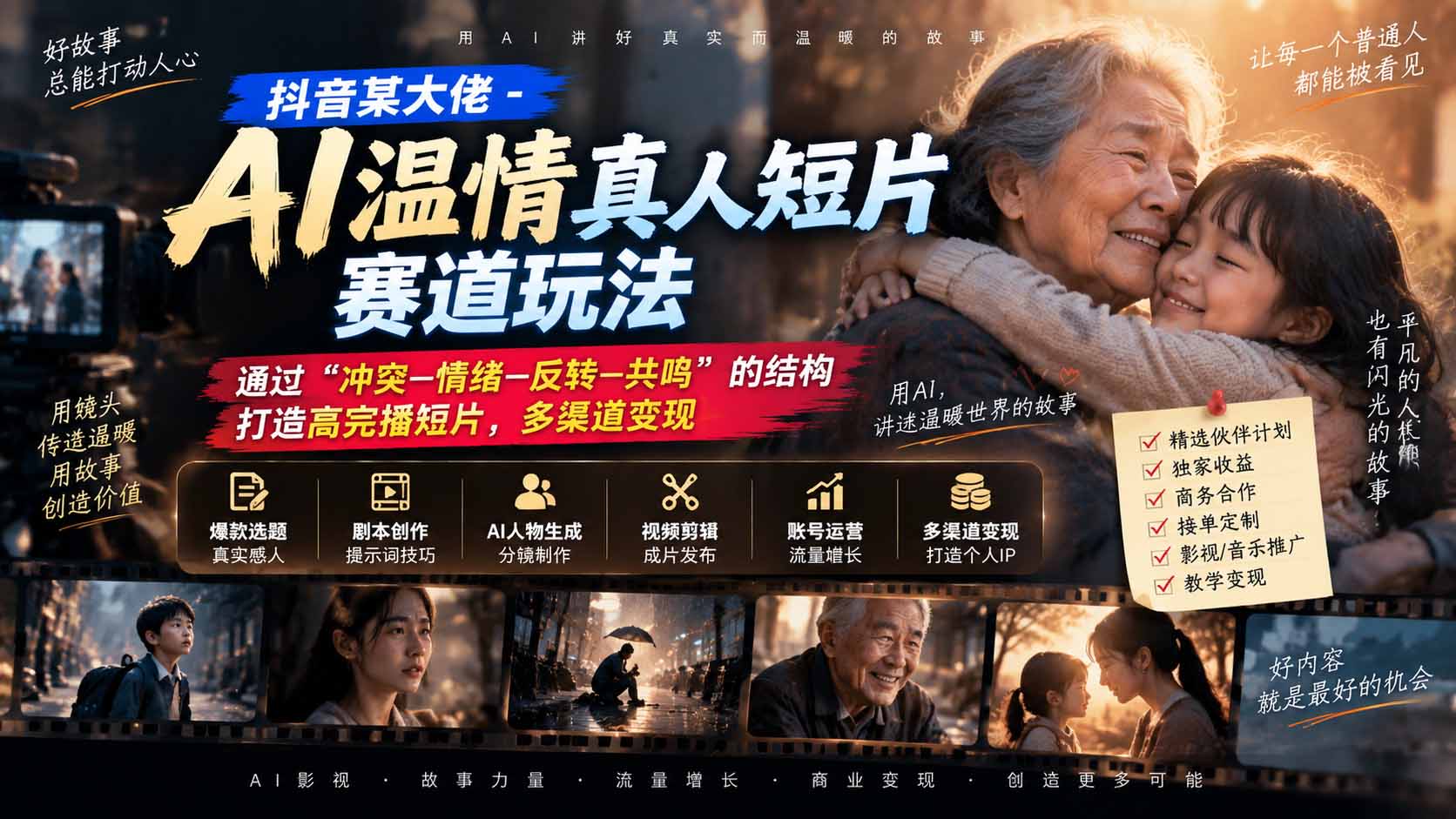 抖音某大佬-AI温情真人短片赛道玩法:通过“冲突—情绪—反转—共鸣”的结构打造高完播短片,多渠道变现-佰因轻创网